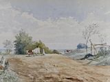 une aquarelle représentant des vaches sur un chemin de terre