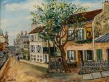 a painting of a street scene with buildings and a tree