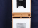 two black and white photographs are on display in front of a blue backdrop