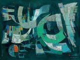 peinture abstraite représentant des formes vertes et bleues sur fond noir