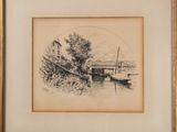 drawing of a boat on a river with a bridge in the background