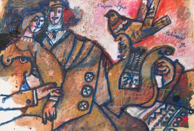 a painting of a man riding a horse with a bird on his shoulder