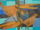 tableau représentant deux oiseaux posés sur un fond bleu et vert