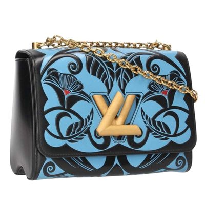 blue and black hand painted louis vu bag with gold hardware