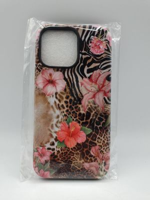 a close up of a cell phone case with flowers and zebras