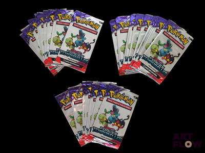 six packs of pokemon trading cards are shown on a black background