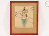painting of a man in a canoe with oars in a red frame