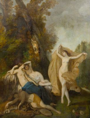 painting of a couple of nudes in a wooded setting