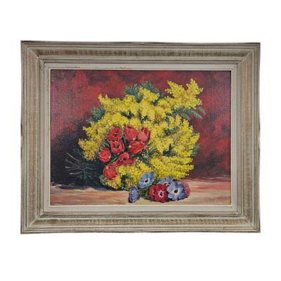 une peinture à l'huile représentant des fleurs dans un vase sur une table