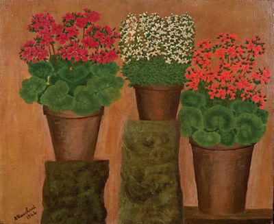 peinture représentant trois géraniums en pot alignés sur une table
