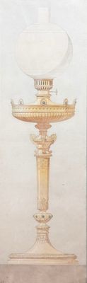 un tableau représentant une lampe posée sur un socle dans une pièce