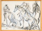 drawing of a group of horses in a wood frame