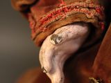 an image of a close up of a person wearing a brown coat