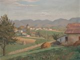 an oil painting of a farm scene with a barn in the foreground