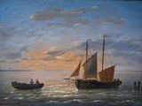 a painting of a boat and a boat in the water