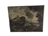 an old painting of a landscape with a house on a hill in the distance
