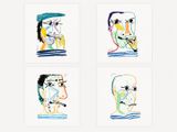 quatre dessins de couleurs différentes représentant le visage d'un homme et celui d'une femme