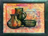 a painting of two vases and a bowl on a table