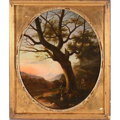 un tableau représentant un arbre dans un champ, avec un coucher de soleil en arrière-plan