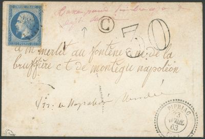 France: Nr 14, 1863 Fraude postale, lettre postée à Pipriac …
