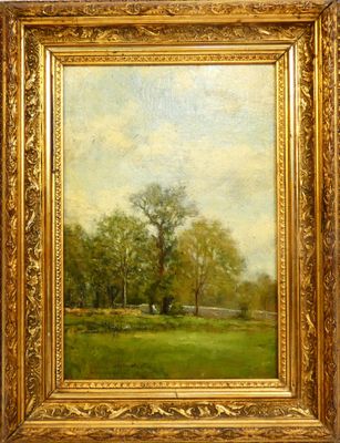 an oil painting of a tree in a field with a fence in the background