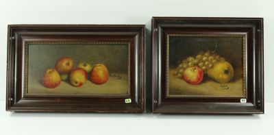 pair of paintings of apples and grapes on a table