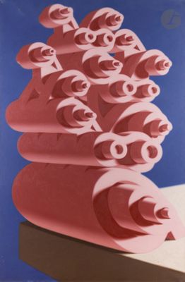 a poster with a bunch of pink objects on it