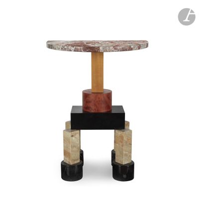 a round marble table with a wooden base and a black base