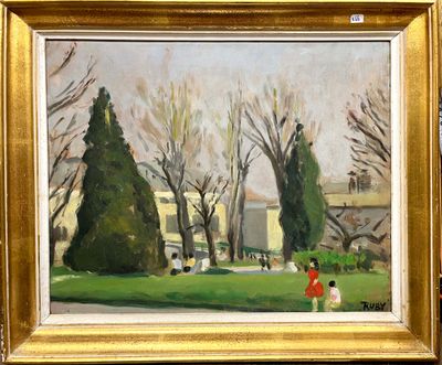 a painting of a woman and a child in a park