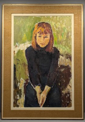 painting of a woman in a black dress sitting on a chair