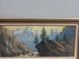an oil painting of a mountain scene with pine trees in the foreground