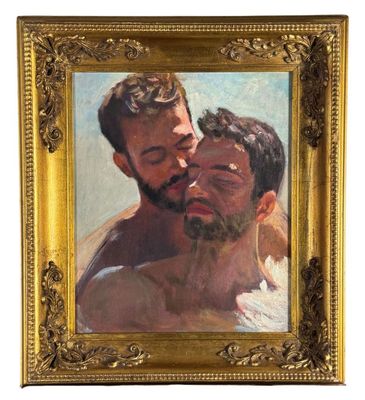 une image représentant un tableau où l'on voit un homme et une femme s'embrasser