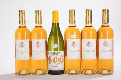 six bouteilles de vin sont alignées sur une surface blanche