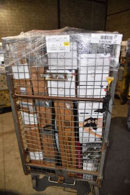 a cart full of boxes sitting on top of a floor