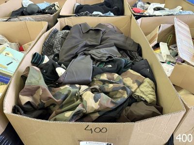 many boxes full of clothes that are sitting on the floor