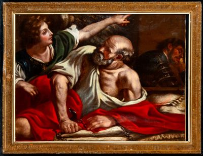 an image of a painting of an old man being tended by a woman