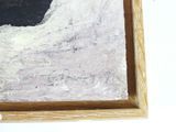 a painting of a black and white cat in a wooden frame