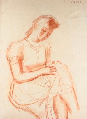 drawing of a woman sitting on a stool with her legs crossed