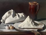 une peinture représentant un bol de farine et un sac d'œufs