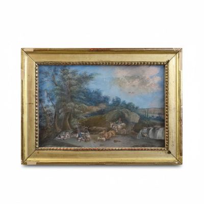 an oil painting of a landscape with figures and animals in a wooded setting