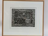 a black and white drawing of a building in a wooden frame