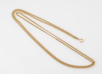 a gold chain necklace with a clasp on a white background