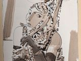 dessin représentant une femme assise par terre, coiffée d'un chapeau