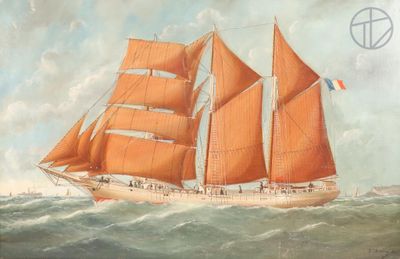 painting of a sailing ship in the ocean with people on board