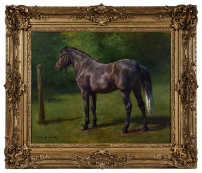 tableau représentant un cheval debout dans un champ, avec une clôture en arrière-plan