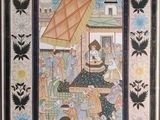 a painting of a woman sitting in a boat with a man on it