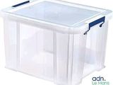 boîte de rangement transparente avec des poignées bleues et un couvercle
