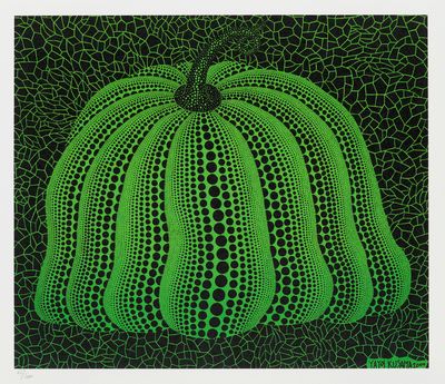 an image of a painting of a green pumpkin on a black background