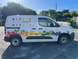 a white van parked in a parking lot with fruit and vegetables painted on the side