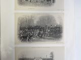 two old black and white photos of horses and people in a forest